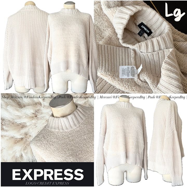 Expeess Cream Boxy Mock Neck Mixed Media Fuzzy Chenille Front Rib Knit Sweater L